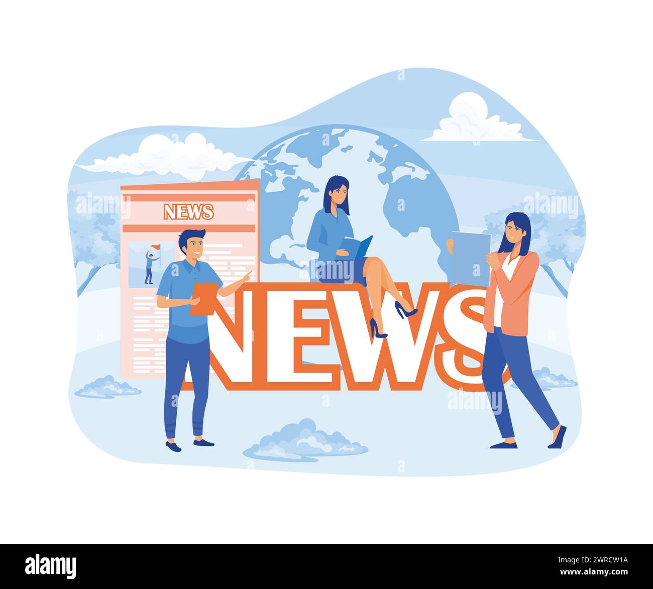 People around news sign sitting and reading newspapers. Mass media, breaking news, latest news. flat vector modern illustration Stock Vector