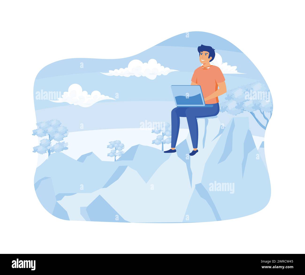 Working anywhere. Man sitting with laptop doing freelance work and enjoying freedom. flat vector modern illustration Stock Vector