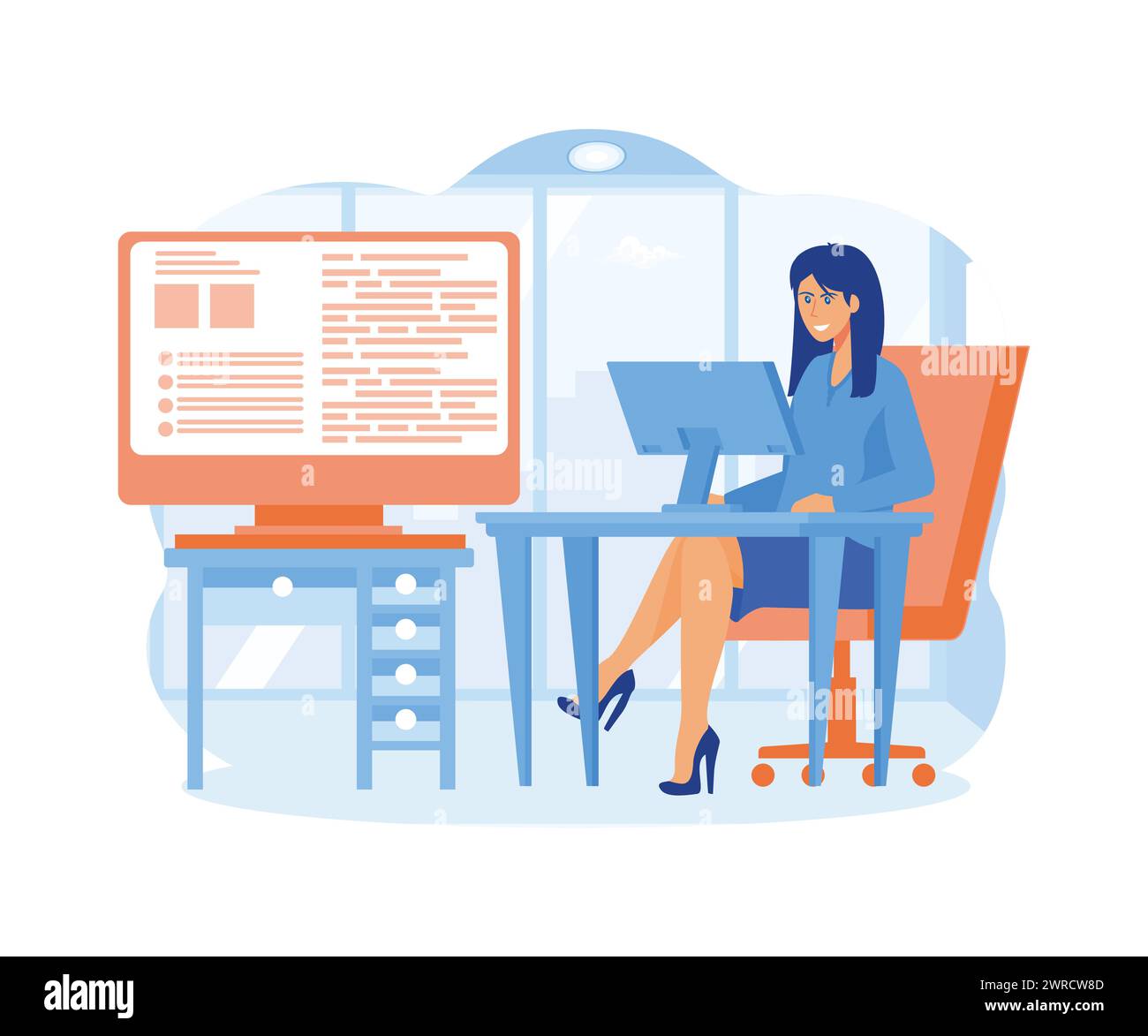 Young beautiful girl programmer behind a laptop and a computer writes a code. flat vector modern illustration Stock Vector