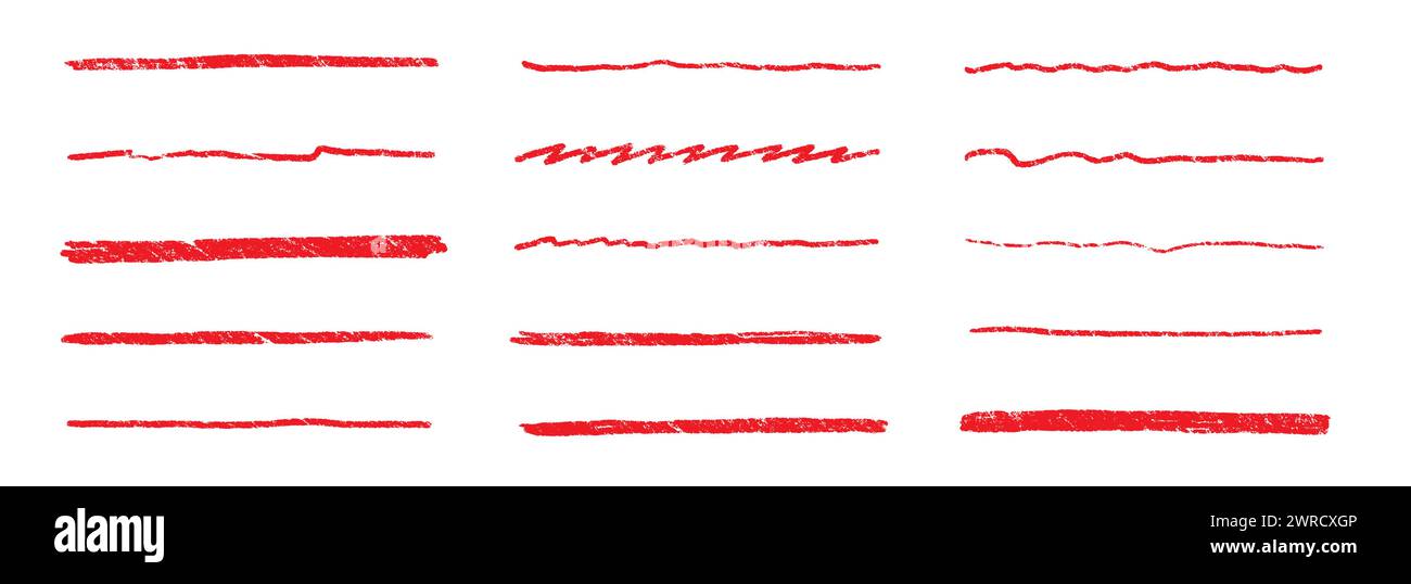 Line underline red crayon brush pencil pen marker paint stroke. Line red brush crayon highlight underline strike color through drawn strikethrough handwritten emphasis squiggle vector swoosh under Stock Vector