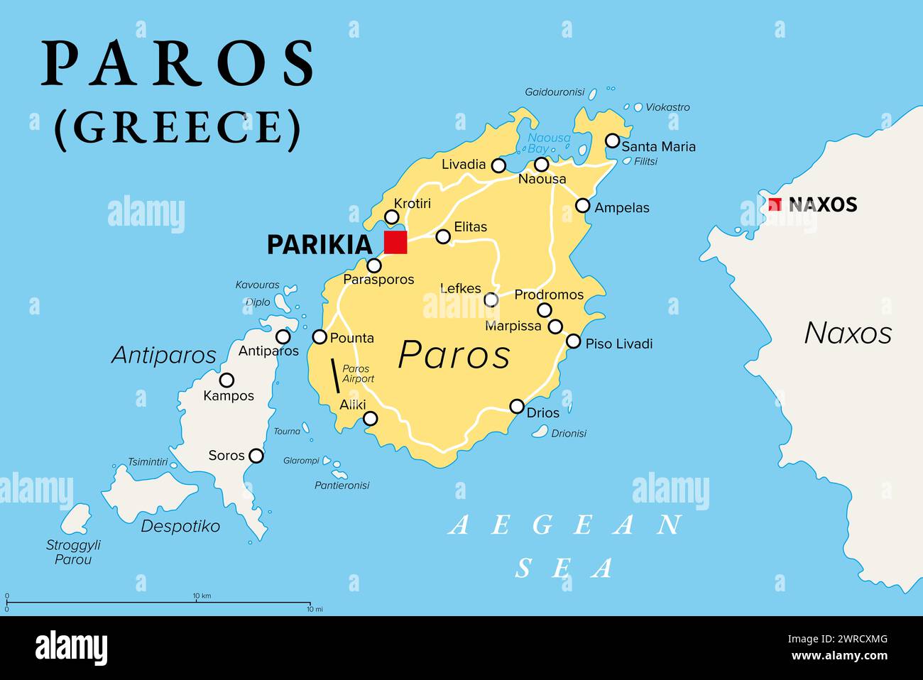 Paros, Greek island, political map. Island of Greece in the Aegean Sea, west of Naxos, and part of the Cyclades. With the island Antiparos. Stock Photo
