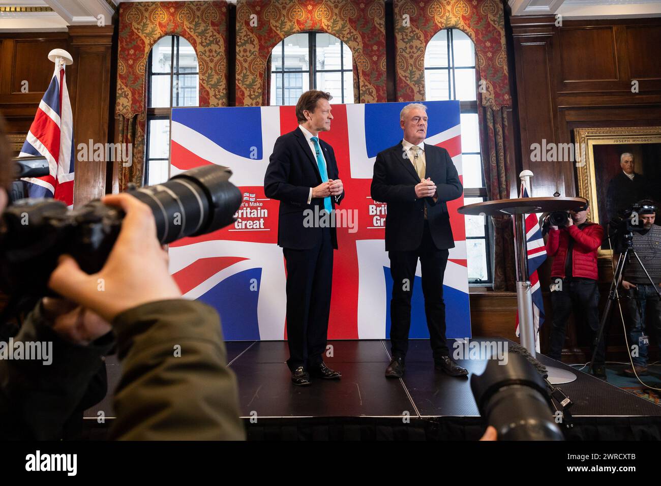 London, UK. 11th Mar, 2024. (L-R) Leader of Reform UK Richard Tice and MP for Ashfield Lee Anderson speak during a press conference. Anderson has defected from the Conservatives to Reform UK after his comments on Sadiq Khan being ëin the pocket of Islamistsí led to the Conservative whip being withdrawn from him. Credit: SOPA Images Limited/Alamy Live News Stock Photo