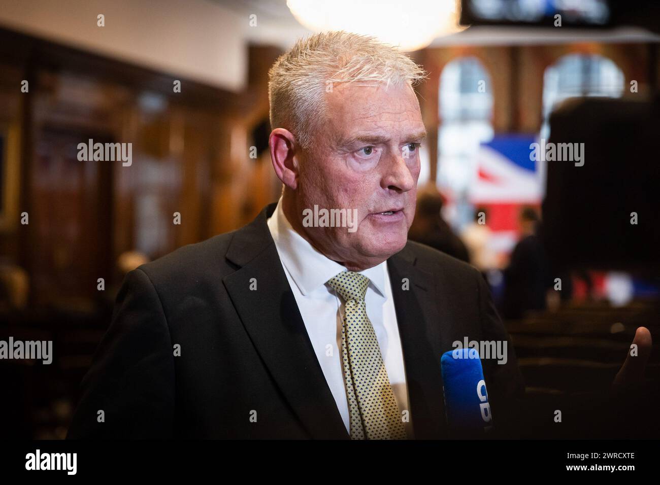 London, UK. 11th Mar, 2024. MP for Ashfield Lee Anderson is interviewed after a Reform UK press conference. Anderson has defected from the Conservatives to Reform UK after his comments on Sadiq Khan being ëin the pocket of Islamistsí led to the Conservative whip being withdrawn from him. (Photo by Tejas Sandhu/SOPA Images/Sipa USA) Credit: Sipa USA/Alamy Live News Stock Photo
