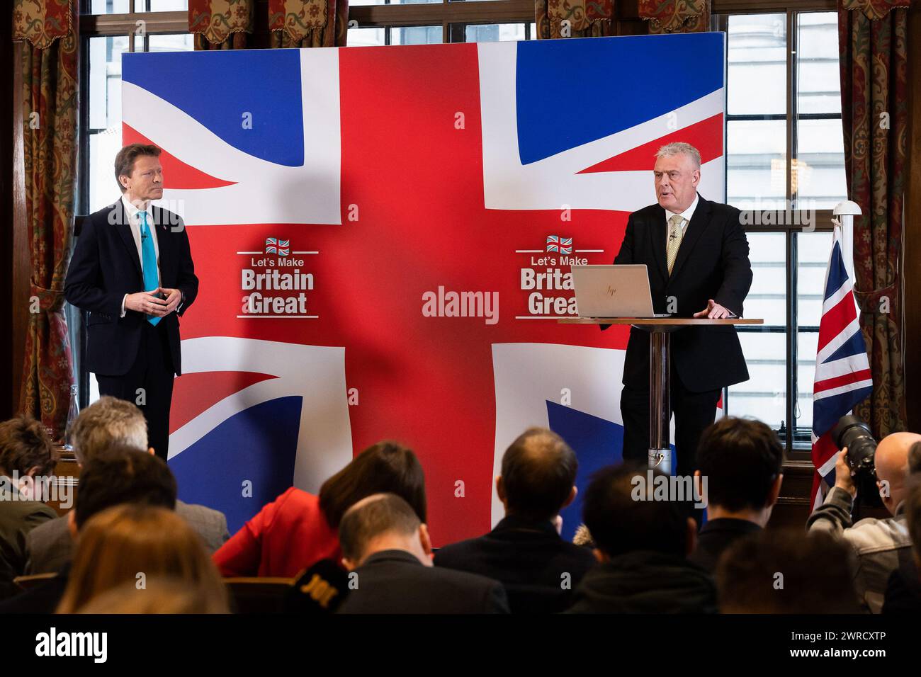London, UK. 11th Mar, 2024. (L-R) Leader of Reform UK Richard Tice and MP for Ashfield Lee Anderson speak during a press conference. Anderson has defected from the Conservatives to Reform UK after his comments on Sadiq Khan being ëin the pocket of Islamistsí led to the Conservative whip being withdrawn from him. (Photo by Tejas Sandhu/SOPA Images/Sipa USA) Credit: Sipa USA/Alamy Live News Stock Photo