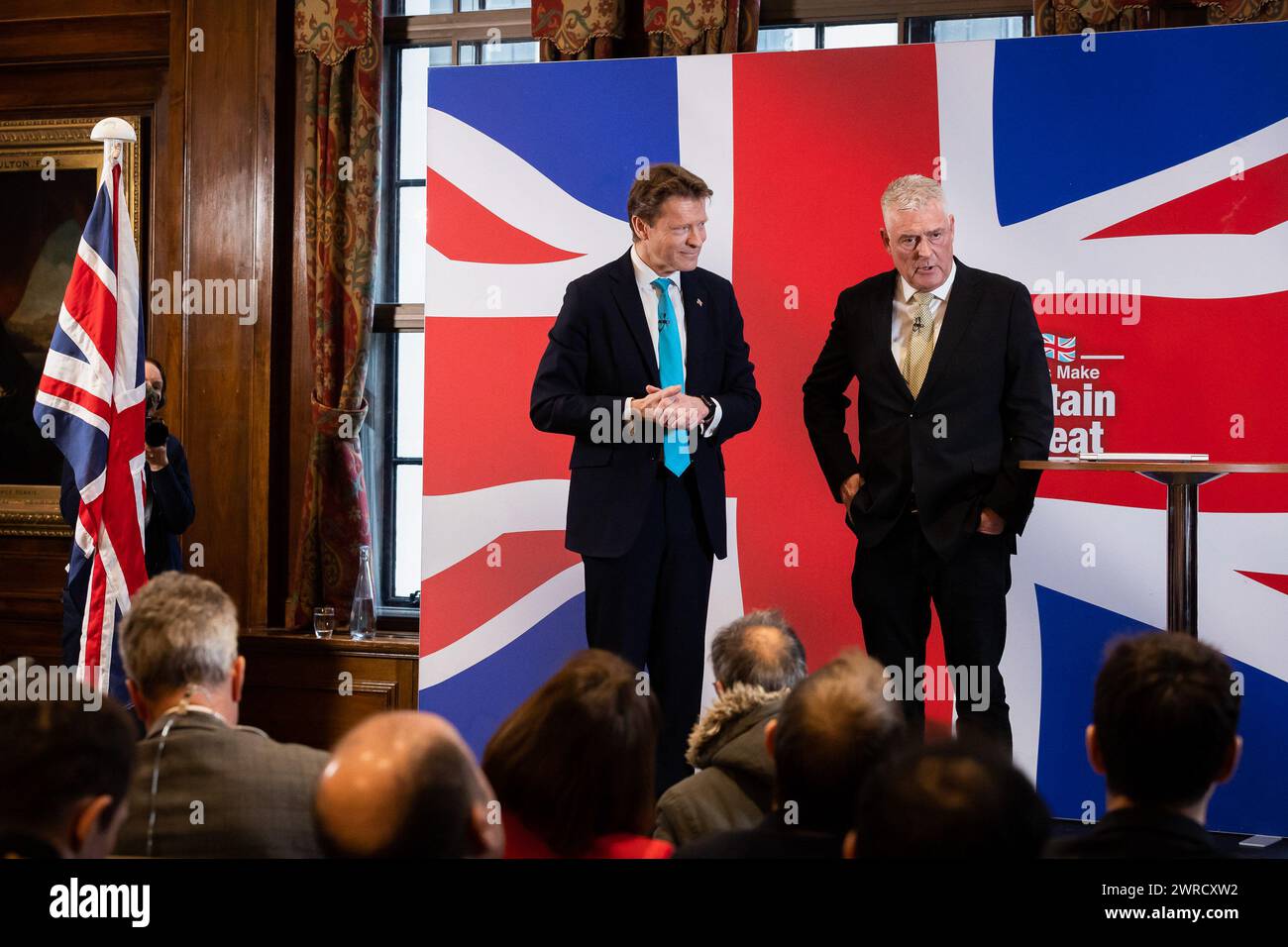 London, UK. 11th Mar, 2024. (L-R) Leader of Reform UK Richard Tice and MP for Ashfield Lee Anderson speak during a press conference. Anderson has defected from the Conservatives to Reform UK after his comments on Sadiq Khan being ëin the pocket of Islamistsí led to the Conservative whip being withdrawn from him. Credit: SOPA Images Limited/Alamy Live News Stock Photo