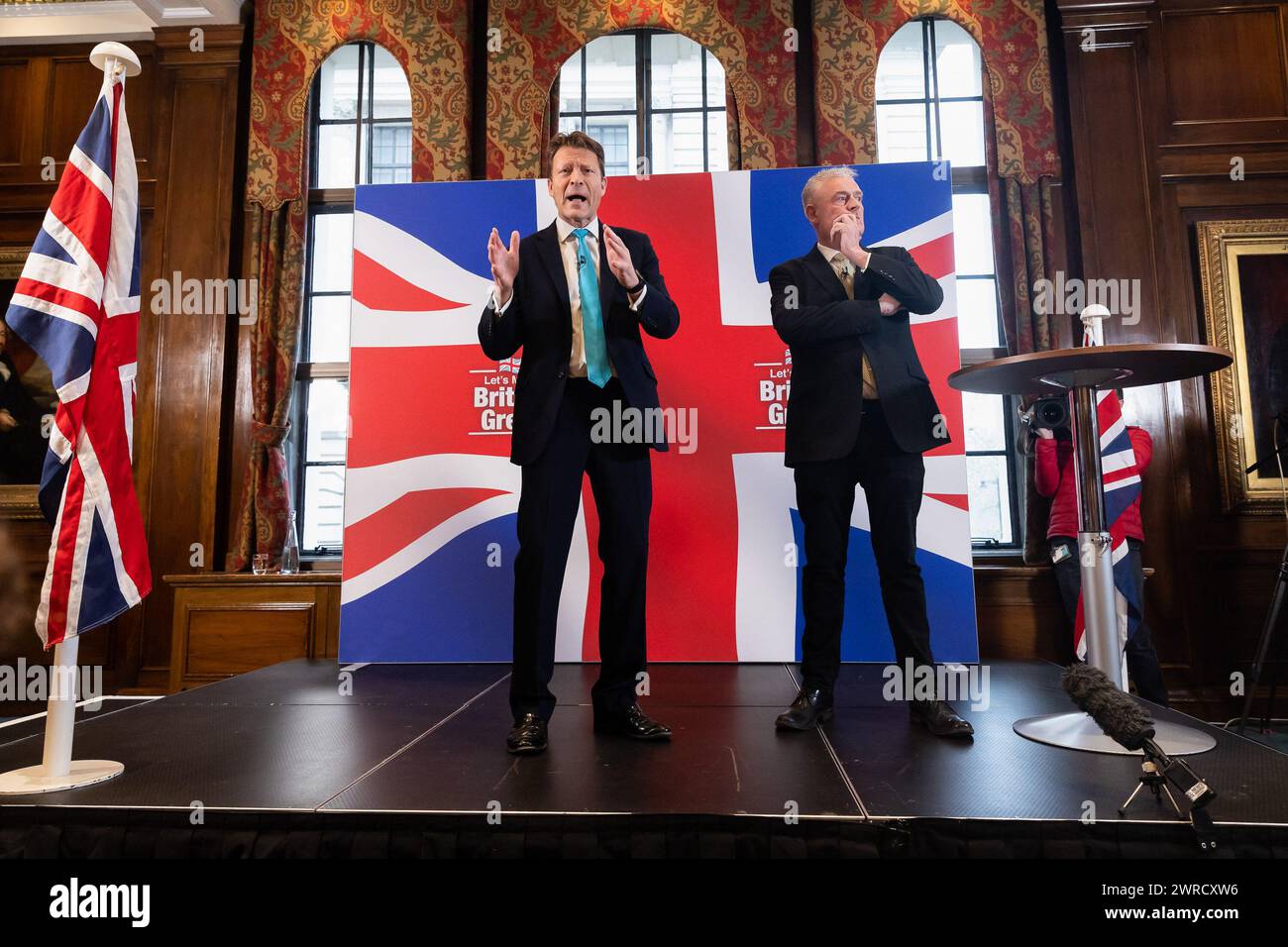 London, UK. 11th Mar, 2024. (L-R) Leader of Reform UK Richard Tice and MP for Ashfield Lee Anderson speak during a press conference. Anderson has defected from the Conservatives to Reform UK after his comments on Sadiq Khan being ëin the pocket of Islamistsí led to the Conservative whip being withdrawn from him. Credit: SOPA Images Limited/Alamy Live News Stock Photo