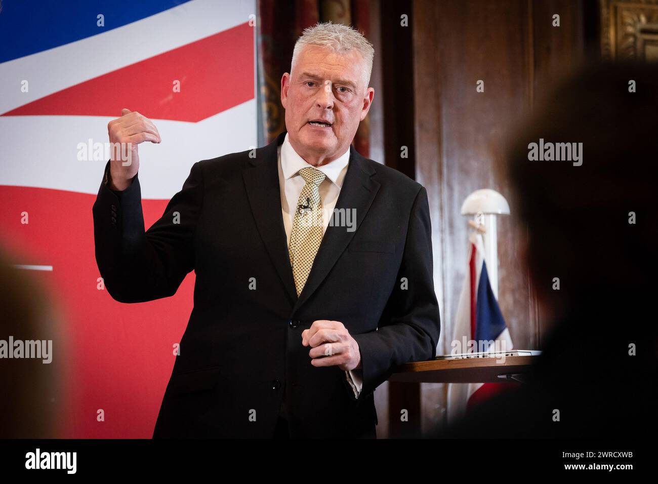 London, UK. 11th Mar, 2024. MP for Ashfield Lee Anderson speaks at a press conference. Anderson has defected from the Conservatives to Reform UK after his comments on Sadiq Khan being ëin the pocket of Islamistsí led to the Conservative whip being withdrawn from him. Credit: SOPA Images Limited/Alamy Live News Stock Photo