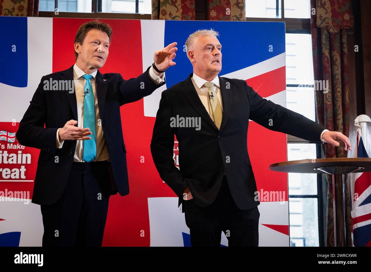 London, UK. 11th Mar, 2024. (L-R) Leader of Reform UK Richard Tice and MP for Ashfield Lee Anderson speak during a press conference. Anderson has defected from the Conservatives to Reform UK after his comments on Sadiq Khan being ëin the pocket of Islamistsí led to the Conservative whip being withdrawn from him. (Photo by Tejas Sandhu/SOPA Images/Sipa USA) Credit: Sipa USA/Alamy Live News Stock Photo