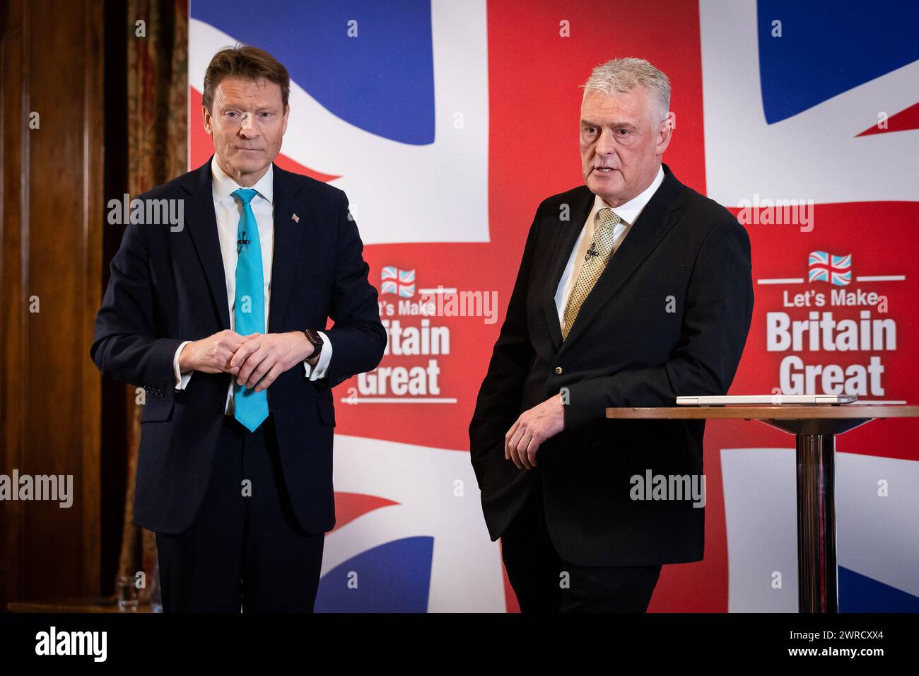 London, UK. 11th Mar, 2024. (L-R) Leader of Reform UK Richard Tice and MP for Ashfield Lee Anderson speak during a press conference. Anderson has defected from the Conservatives to Reform UK after his comments on Sadiq Khan being ëin the pocket of Islamistsí led to the Conservative whip being withdrawn from him. (Photo by Tejas Sandhu/SOPA Images/Sipa USA) Credit: Sipa USA/Alamy Live News Stock Photo