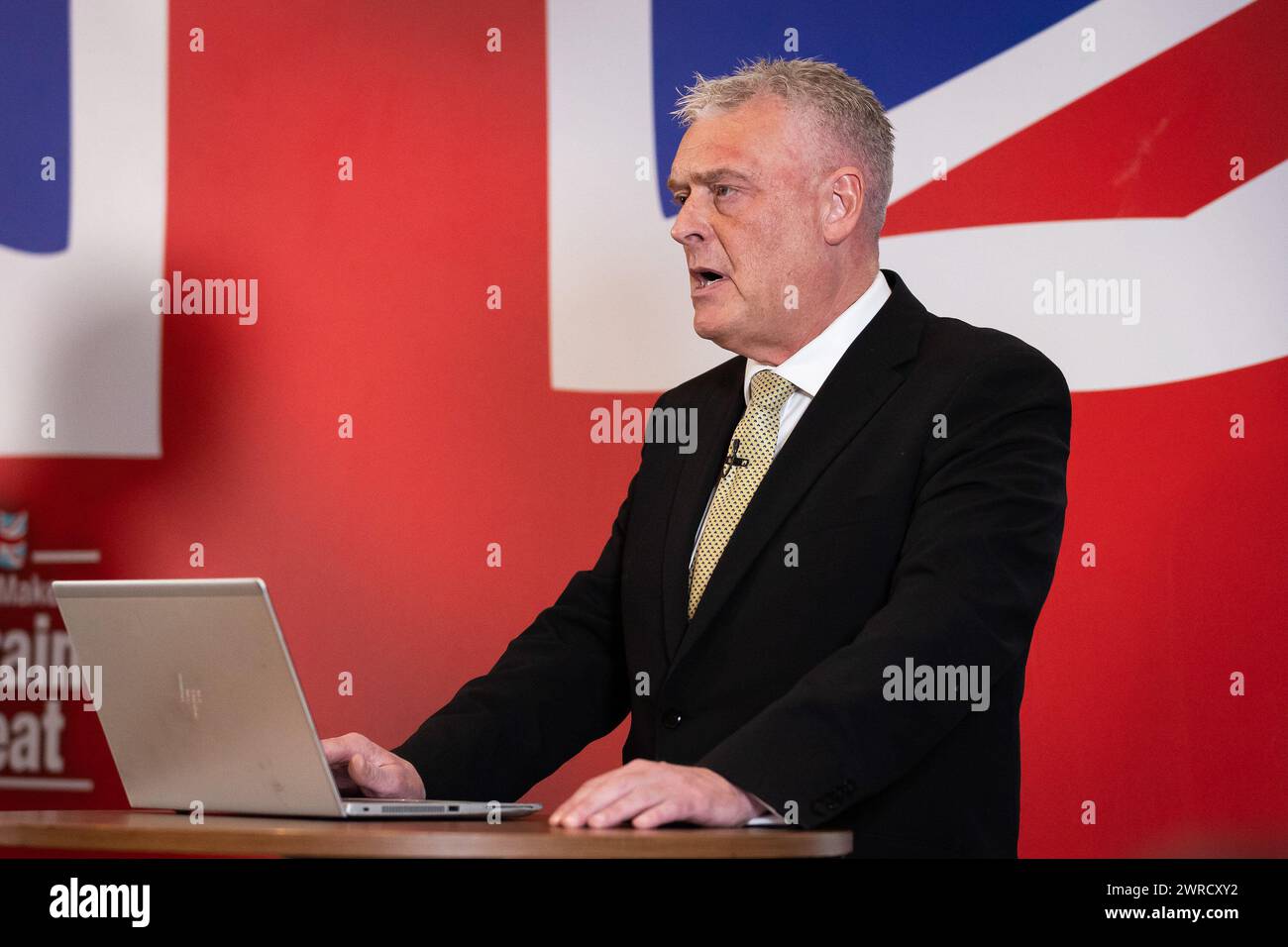 London, UK. 11th Mar, 2024. MP for Ashfield Lee Anderson speaks at a press conference. Anderson has defected from the Conservatives to Reform UK after his comments on Sadiq Khan being ëin the pocket of Islamistsí led to the Conservative whip being withdrawn from him. (Photo by Tejas Sandhu/SOPA Images/Sipa USA) Credit: Sipa USA/Alamy Live News Stock Photo