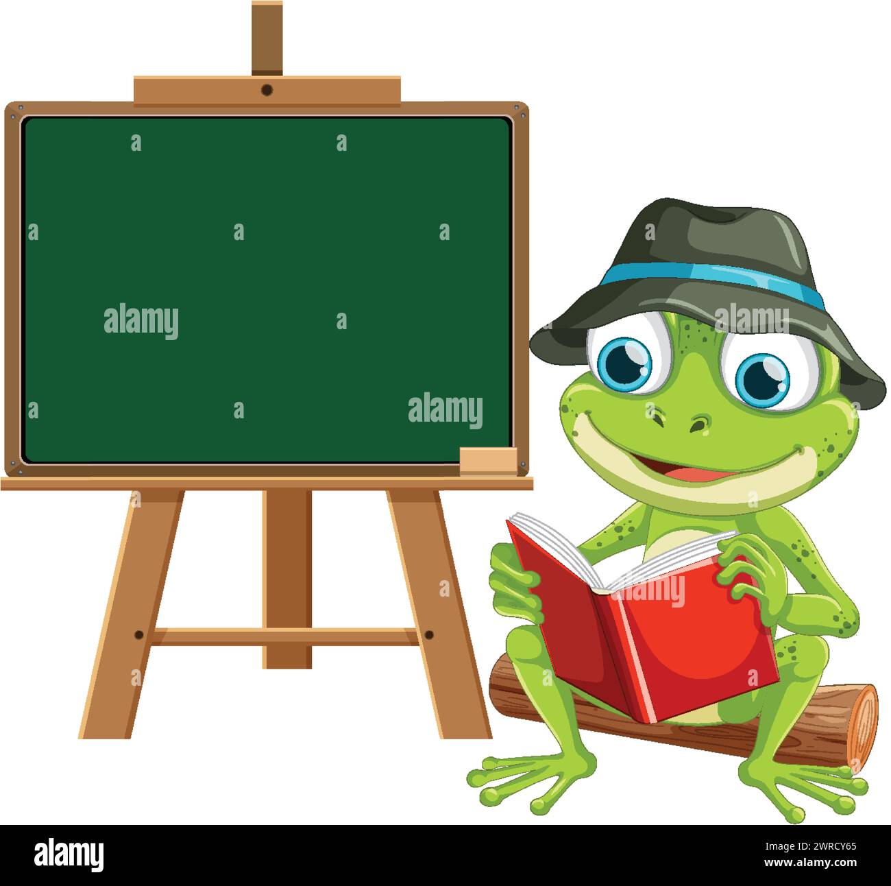 Cartoon frog reading book beside a blank chalkboard Stock Vector