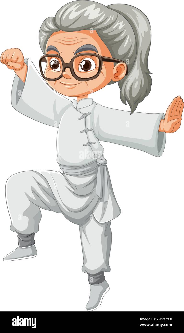 Animated elderly woman in a martial arts stance. Stock Vector