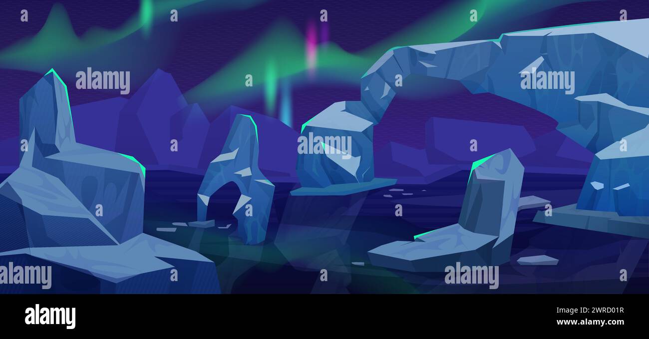 Arctic landscape at night with iceberg in ocean and aurora borealis in sky. Cartoon vector illustration of dark polar scenery with northern light, glacier mountain and ice blocks floating in sea water Stock Vector