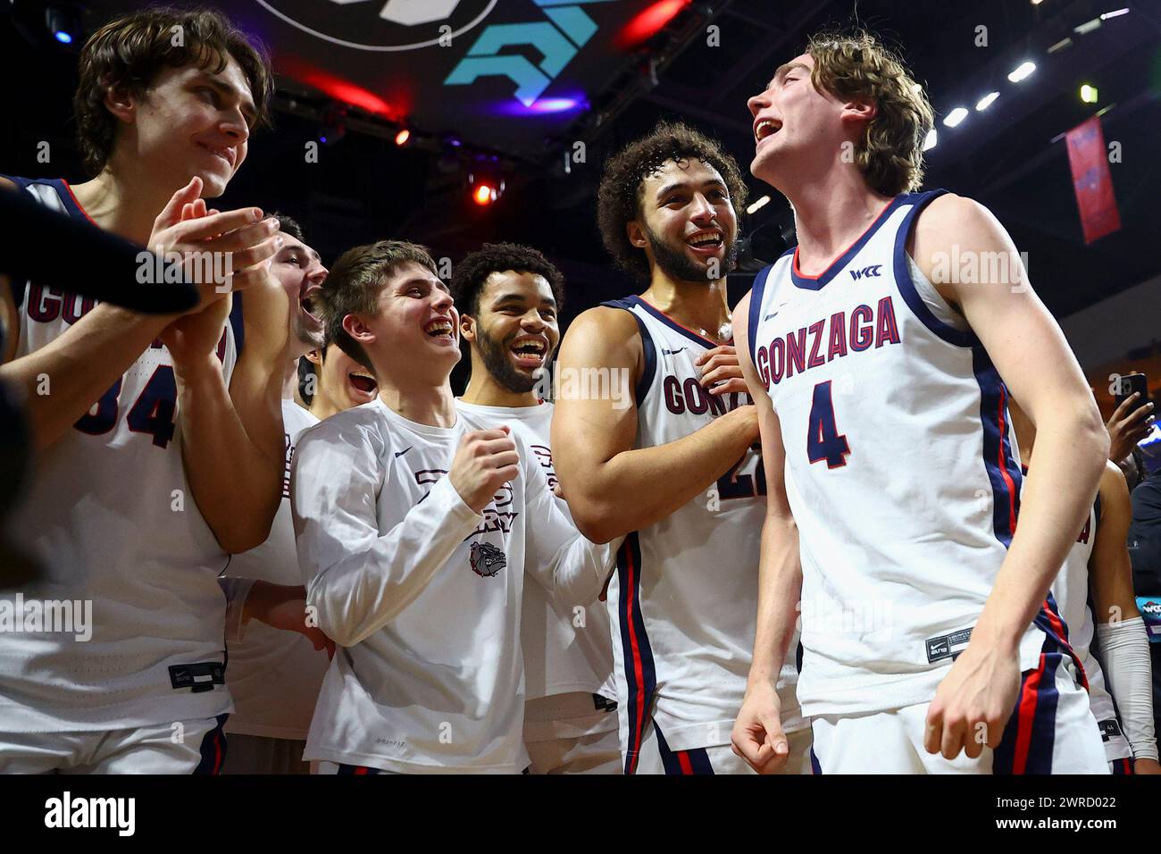 Gonzaga players celebrate after defeating San Francisco in an NCAA ...