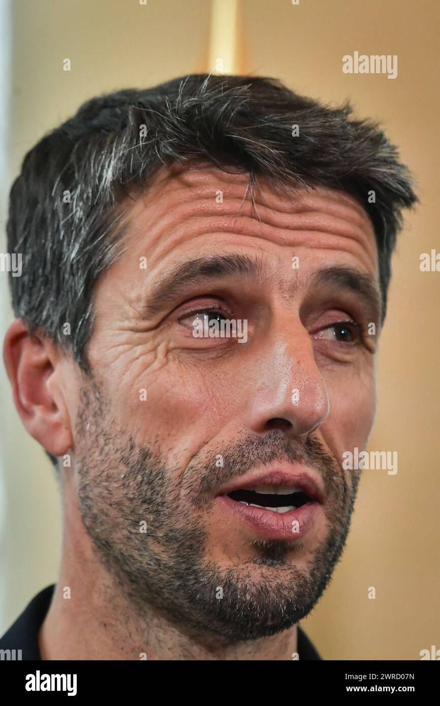 Paris, France. 11th Mar, 2024. President of Paris, France 2024, Tony Estanguet speaks during a