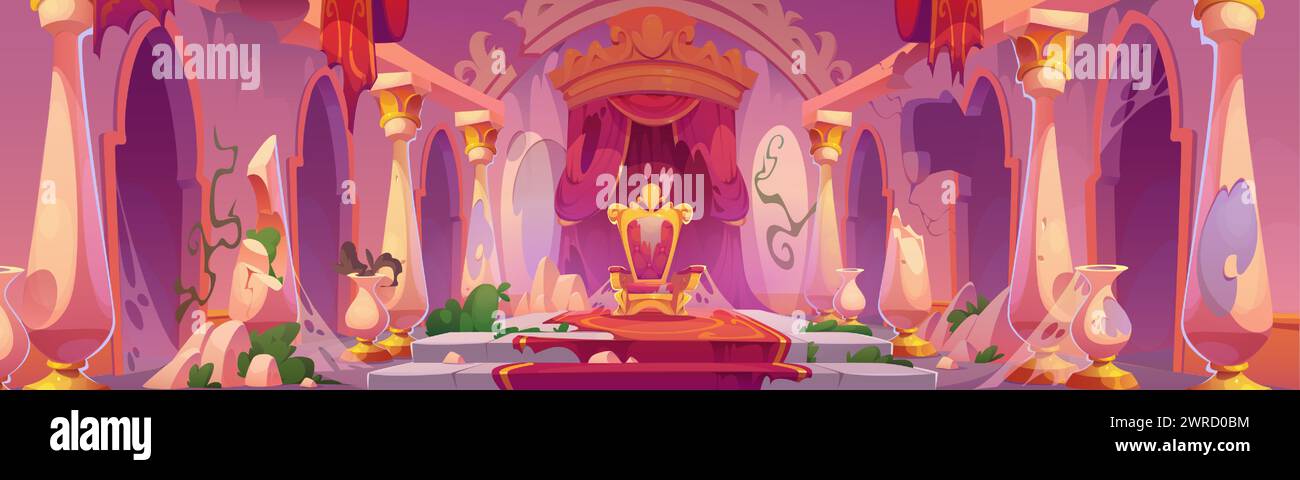 Old abandoned castle hall with king throne. Cartoon vector illustration of royal palace room interior with damaged walls and stone columns, torn curtain and flags, ripped red carpet, cobweb and plants Stock Vector