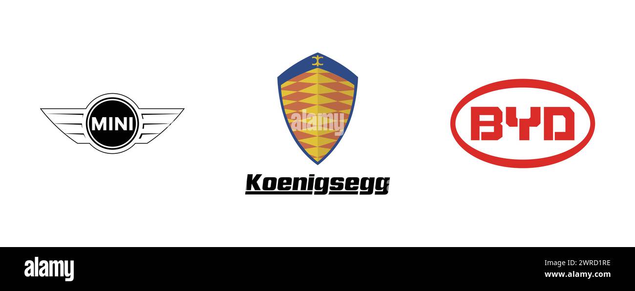 BYD, Mini, Koenigsegg. Vector brand logo collection. Stock Vector