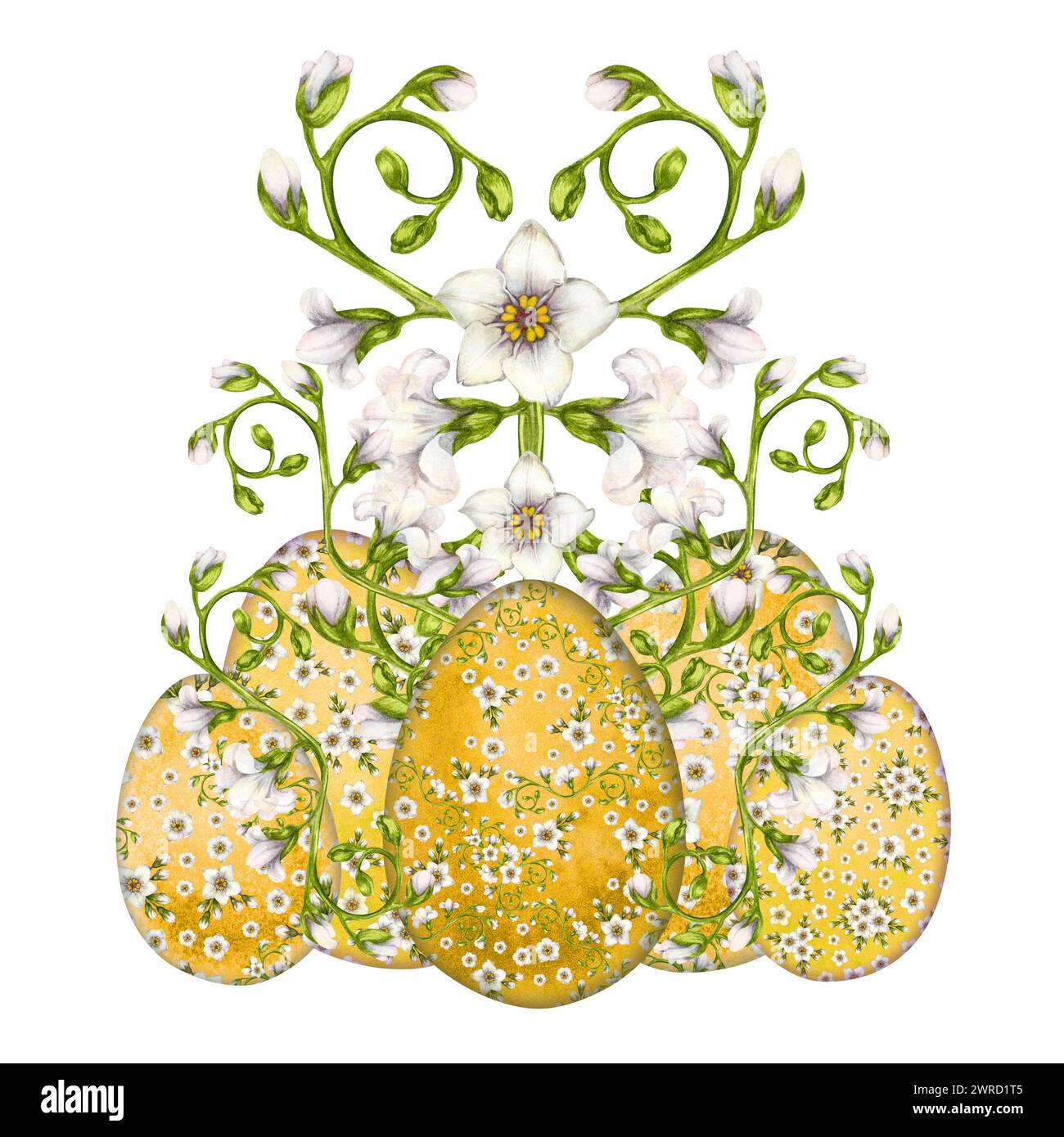 Watercolor Easter yellow egg with floral pattern of spring blooming primroses for Easter clipart, cards, invitations, stickers, scrapbooking, borders, Stock Photo