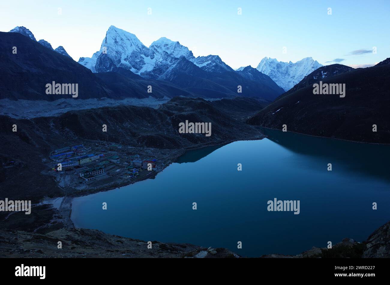 Hiking in Nepal Himalayas, View of Gokyo village, Gokyo lake, Ngozumba ...