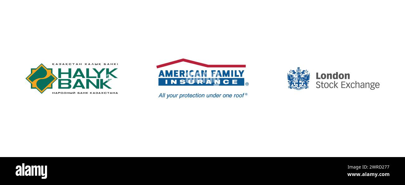 London Stock Exchange, American Family Insurance, Halyk Bank. Vector brand logo collection. Stock Vector