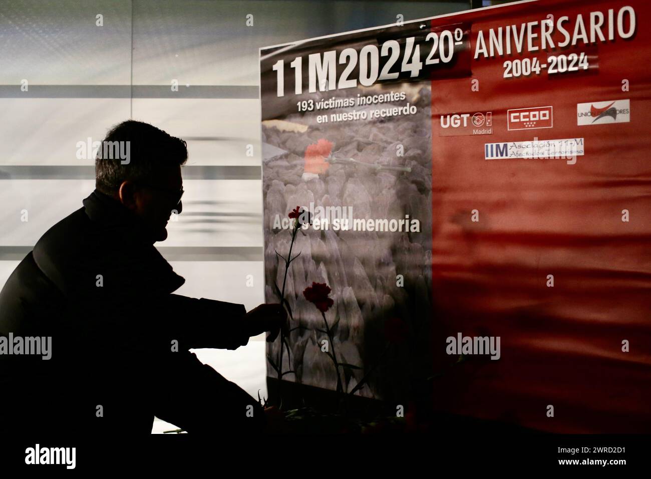 Madrid, Spain. 11th Mar, 2024. A man places a flower in front of the memorial to the victims of the bomb attack at Atocha station. The Islamist train attacks in Madrid on the morning of March 11, 2004, which left more than 190 dead and around 2000 injured, involved a series of simultaneous bomb attacks on a commuter train. Credit: Cesar Luis de Luca/dpa/Alamy Live News Stock Photo