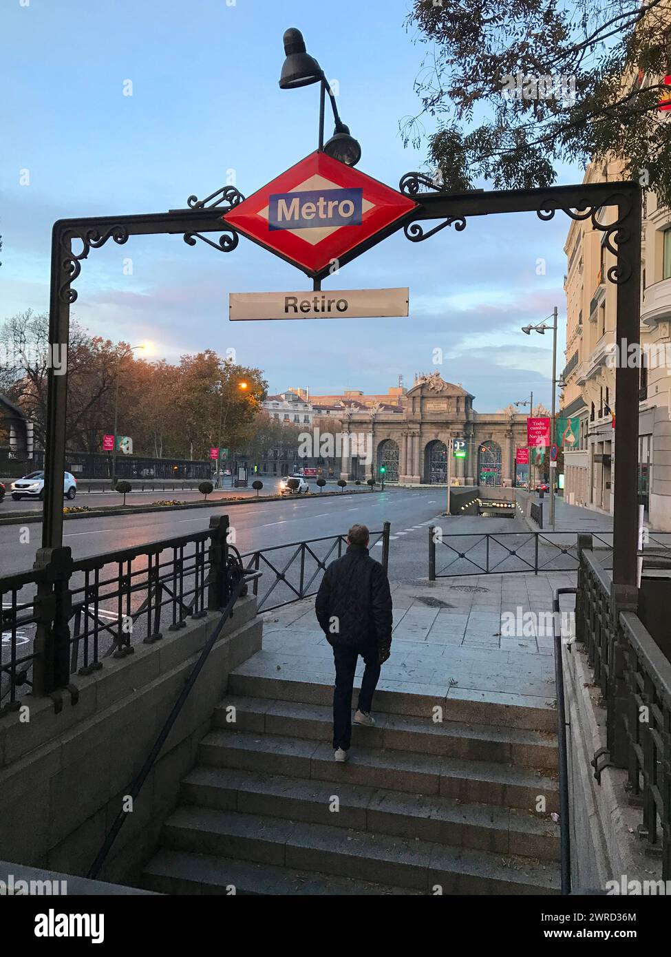 Metro Retiro entrance at dawn. Alcala street, Madrid, Spain. Stock Photo