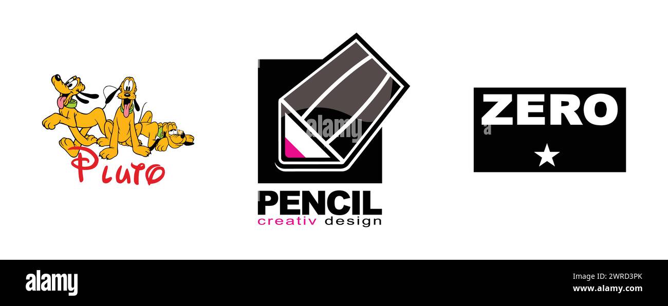 Pluto, Smashing Pumpkins Zero, Pencil. Arts and design vector logo on isolated background. Stock Vector