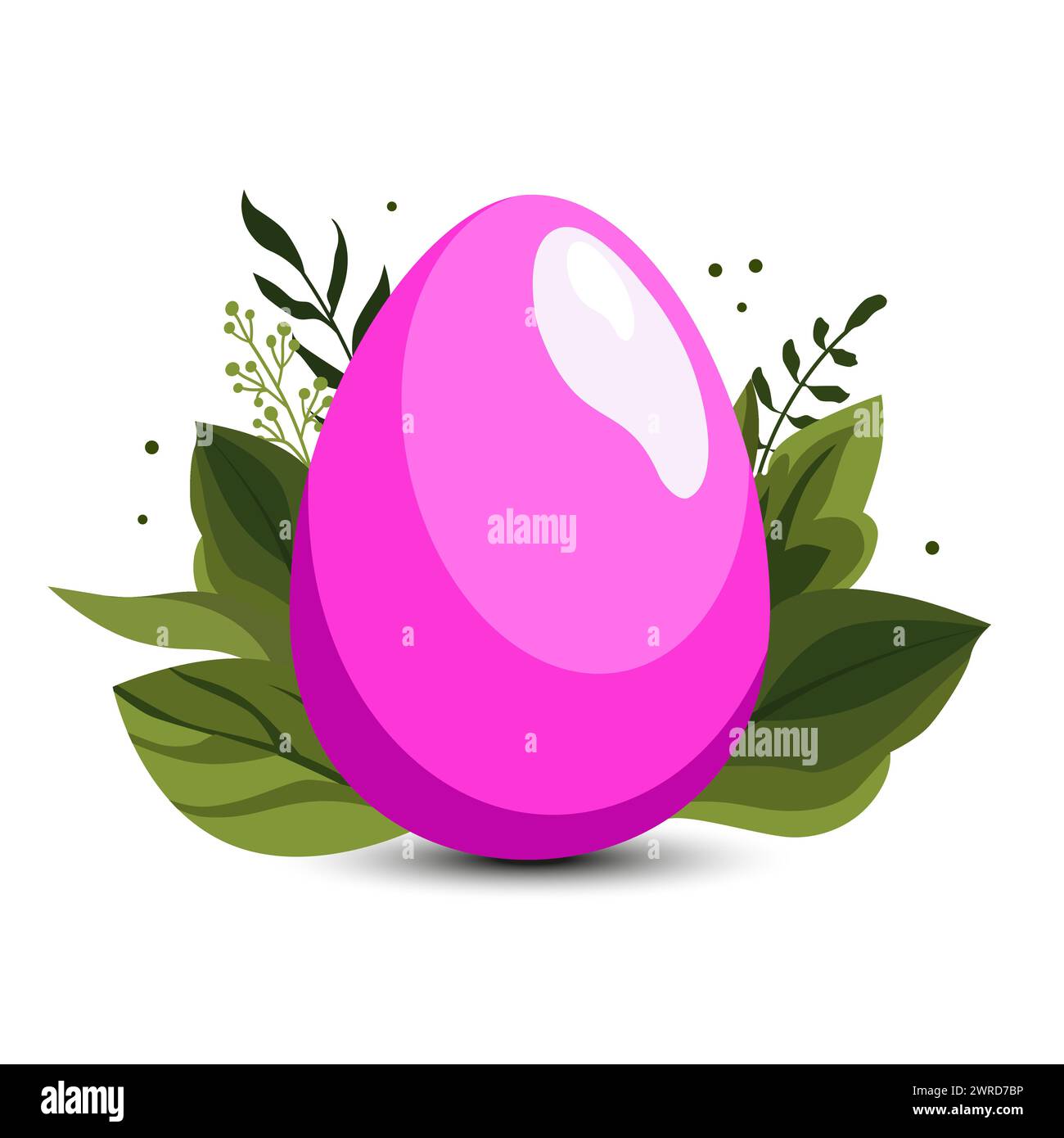 Pink Easter egg with green leaves and branches on background ...