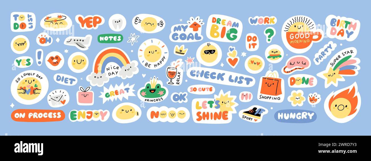 Cute kids diary stickers. Daily planner labels. Journal funny decor. Trendy lettering and design. Organizer to do reminders. Scrapbook icons. Short ph Stock Vector