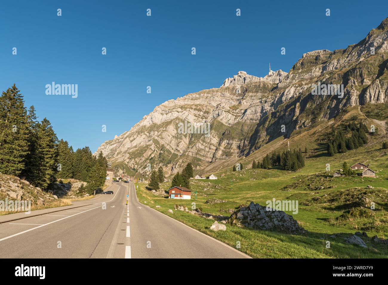 Road to Schwaegalp, mountain landscape with Saentis, Canton of Appenzell Ausserrhoden, Switzerland Stock Photo