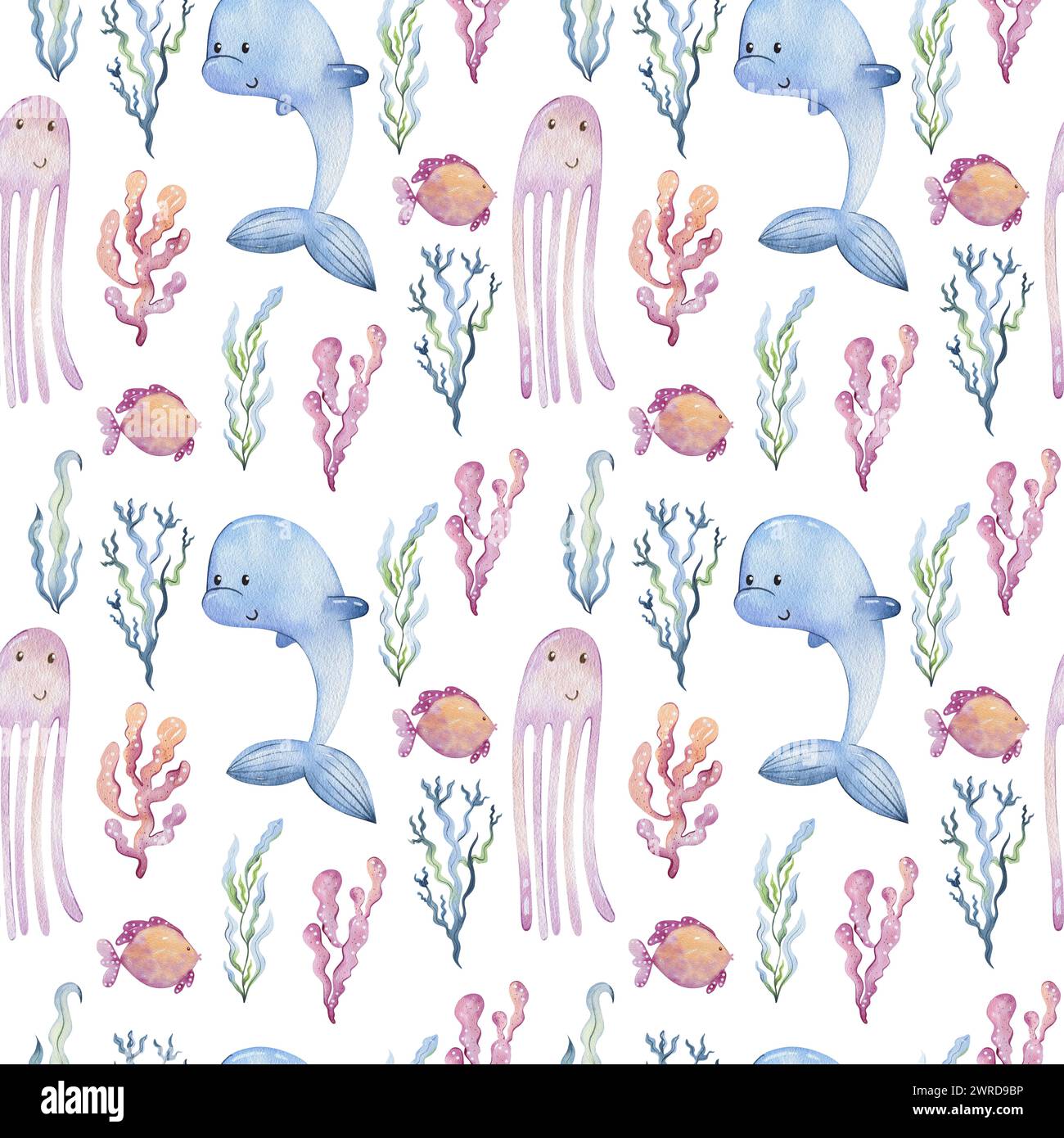 Watercolor seamless pattern with sea animals Stock Photo - Alamy