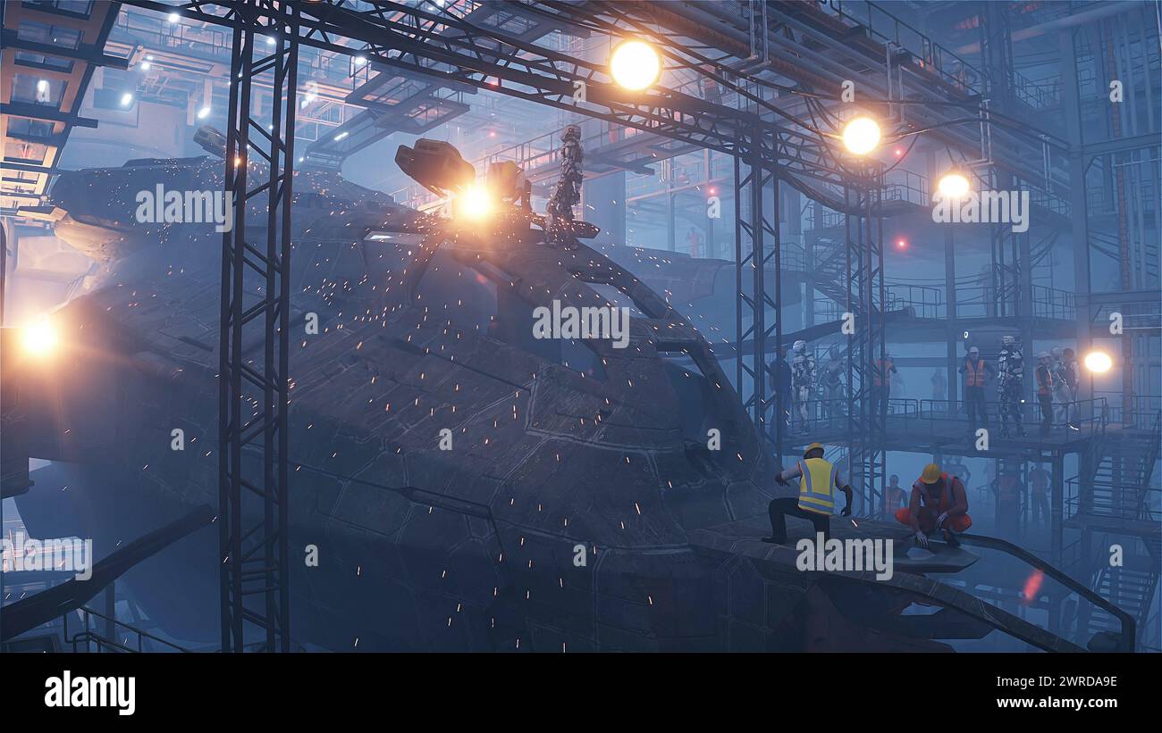 Production of military futuristic ship at the factory. People and robots Future concept. 3d rendering. Stock Photo