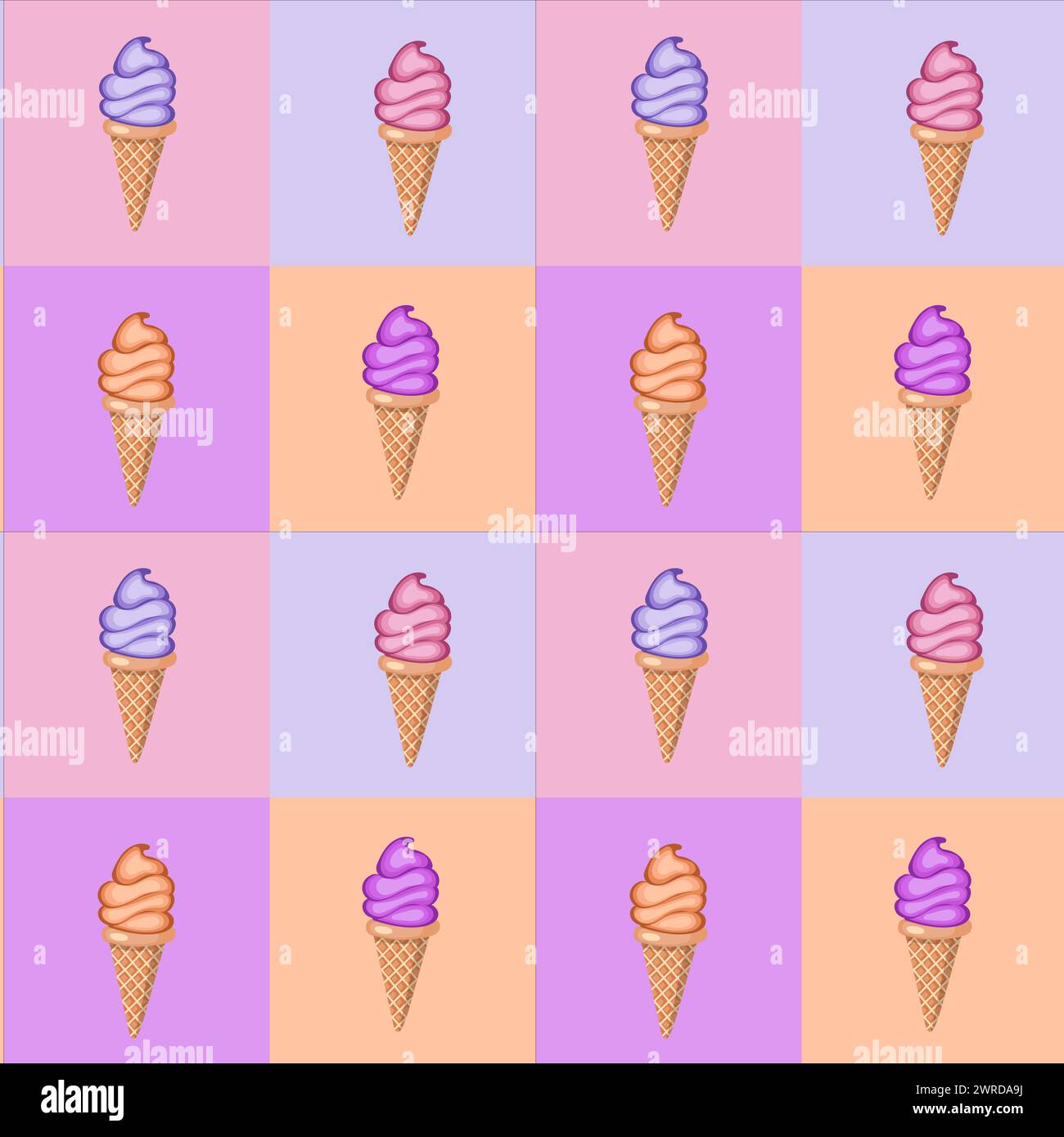Multi-colored fruit ice cream in waffle cones. Seamless pattern. Vector illustration. Stock Vector