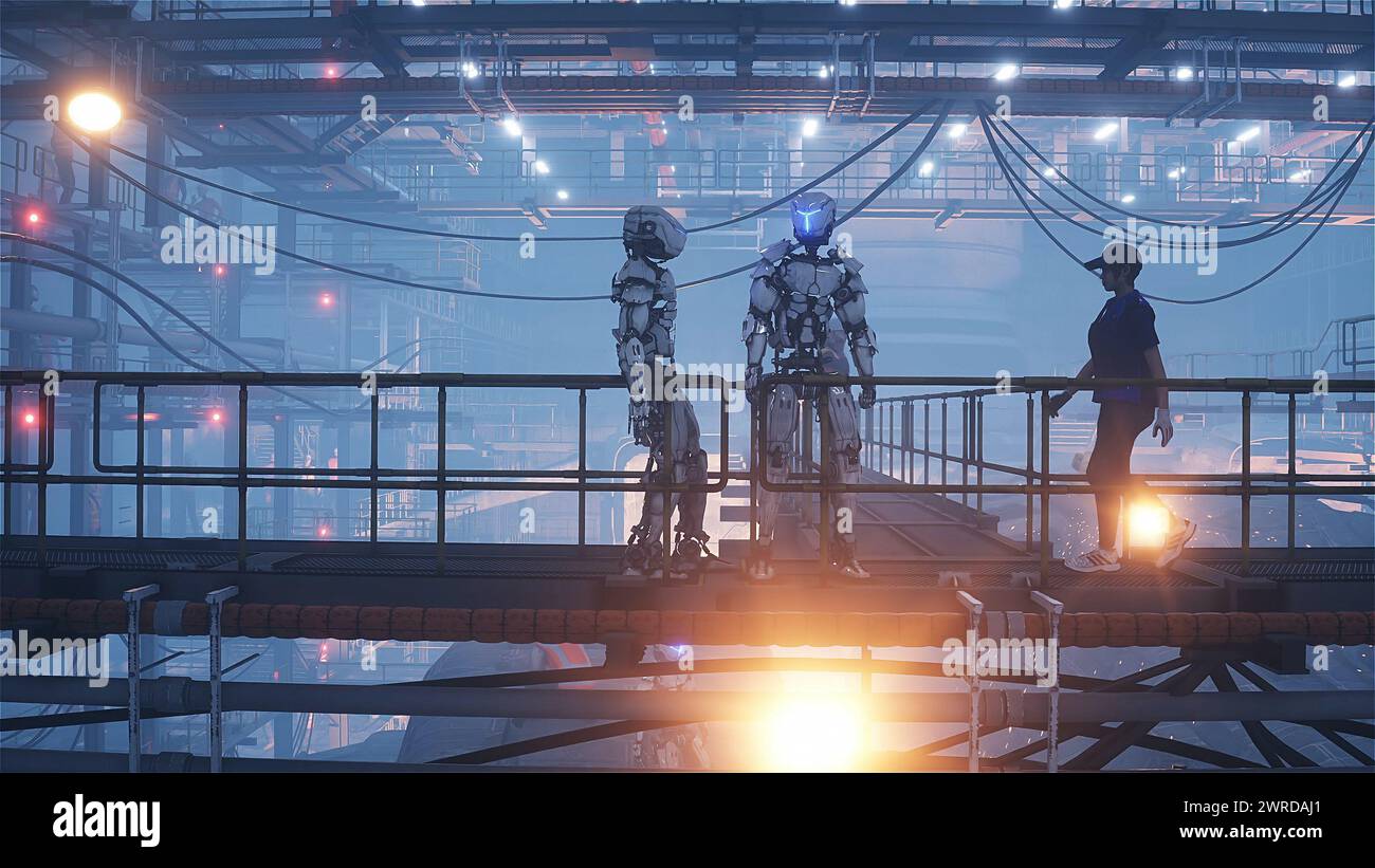 Production of military futuristic ship at the factory. People and robots Future concept. 3d rendering. Stock Photo