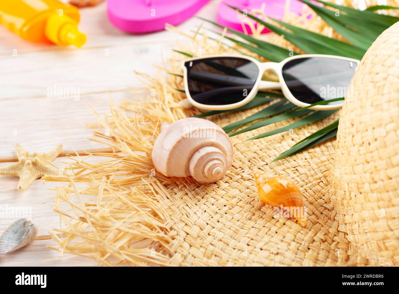 Vacation travel planning background of palm leaves, straw hat, sunglasses on white planks with copy-space Stock Photo