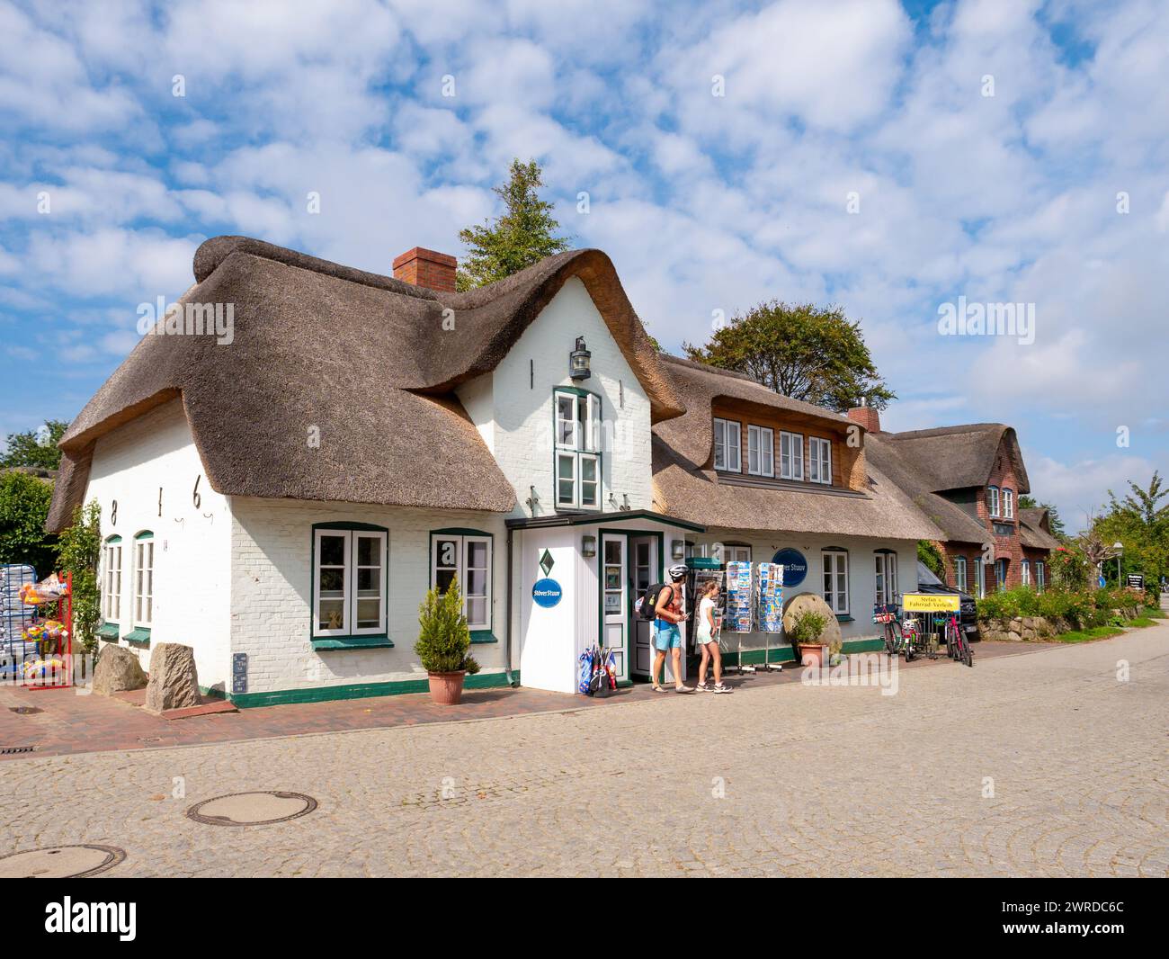 Street with giftshop in old town of Nebel, Amrum island, North Frisia, Schleswig-Holstein, Germany Stock Photo