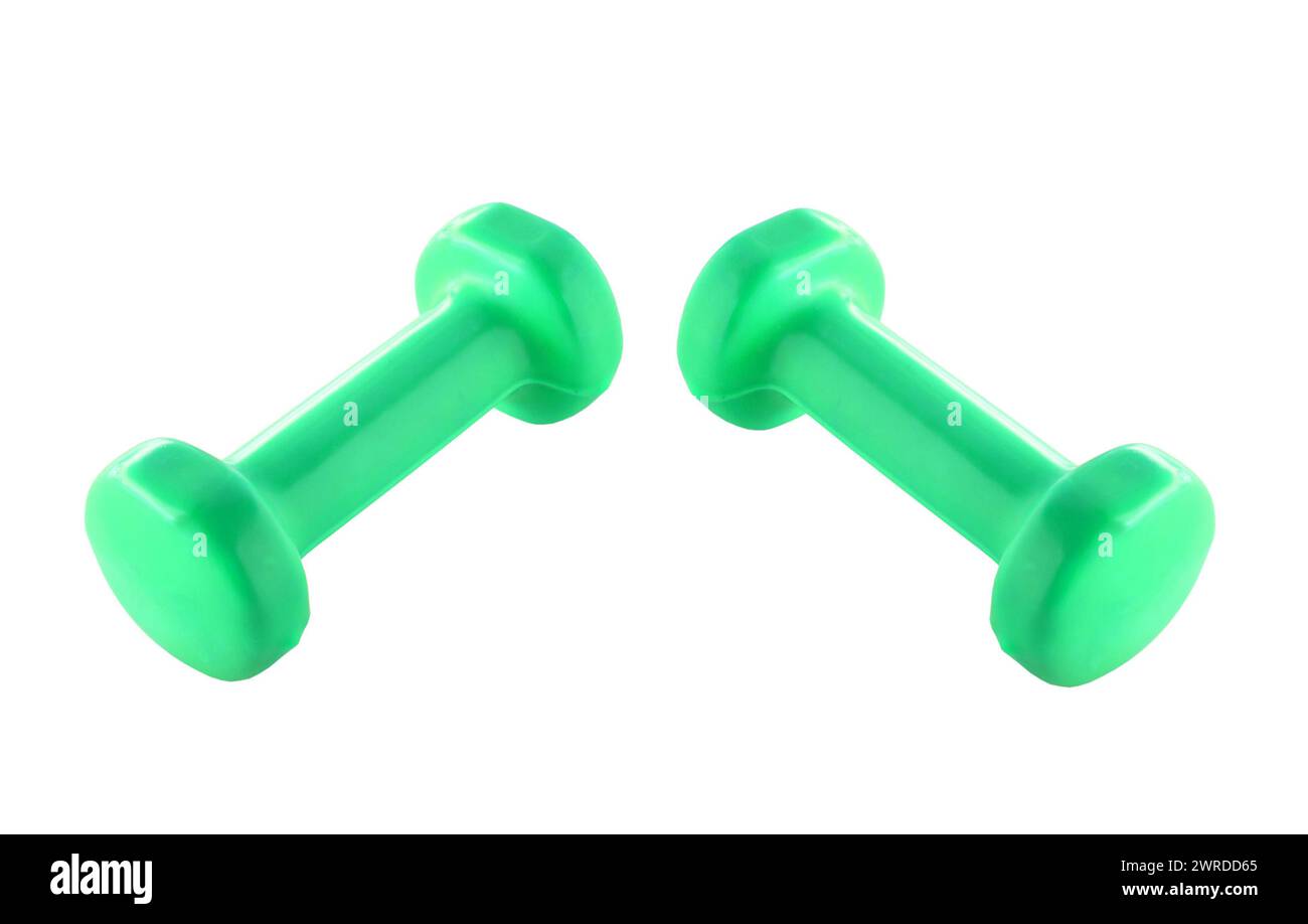 Two plastic coated dumbells isolated on white background Stock Photo
