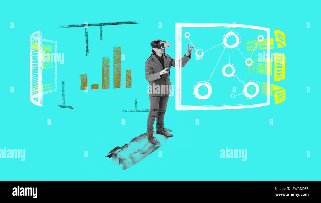 Contemporary art collage. Young man, scientist in VR glasses working with charts and data. Abstract design. Stock Photo