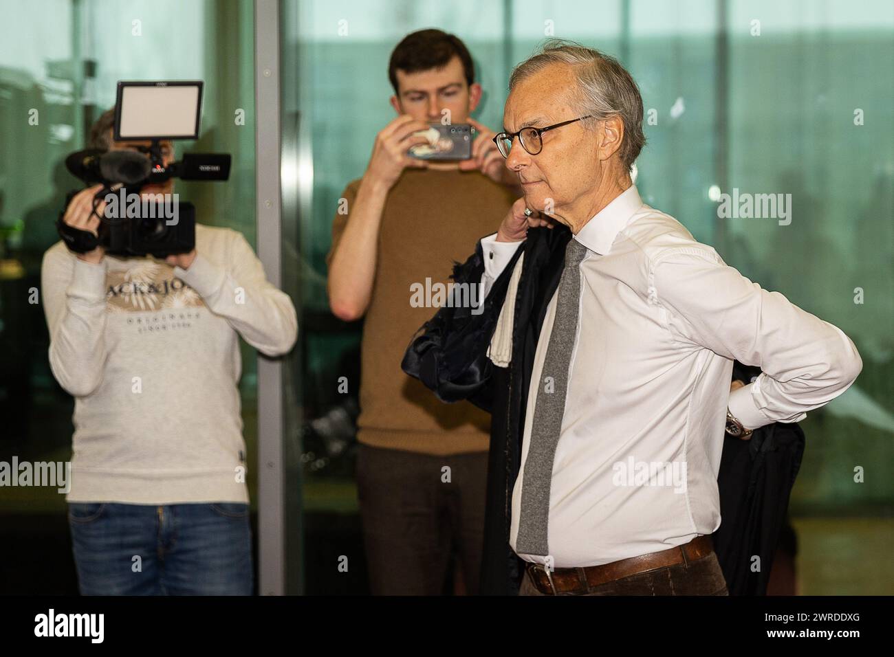 Gent, Belgium. 12th Mar, 2024. lawyer Hans Rieder pictured during the verdict session in the court case against former parliament member Van Langenhove and some of his fellow-members of Flemish extreme-right youth movement 'Schild en Vrienden', accused of racism and sexism, before the correctional court in Gent, Tuesday 12 March 2024. BELGA PHOTO JAMES ARTHUR GEKIERE Credit: Belga News Agency/Alamy Live News Stock Photo