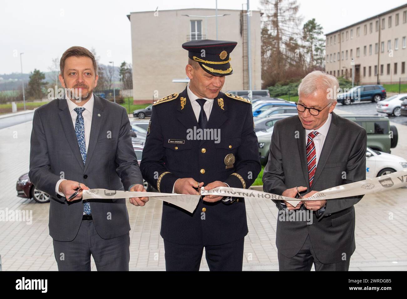 Kutna Hora, Czech Republic. 12th Mar, 2024. Czech Interior Minister Vit Rakusan (from left), Czech Police President Martin Vondrasek and Norwegian charge d'affaires Pera Oystein Vatne ceremonially open upgraded Police training and education centre in Kutna Hora, Czech Republic, on March 12, 2024. Credit: Josef Vostarek/CTK Photo/Alamy Live News Stock Photo
