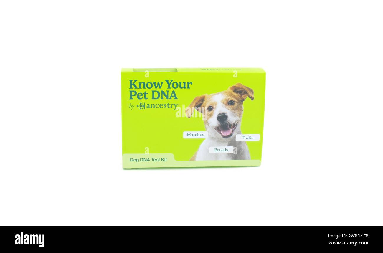 Ocala, FL 3-11-2024 Know your Pet animal dog or cat DNA by ancestry swab test kit showing green and white box with return package, Isolated on white b Stock Photo