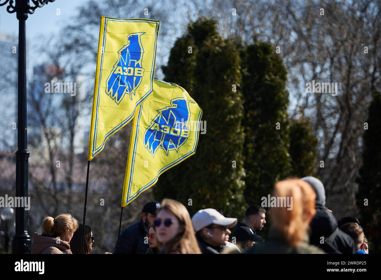 Flags of Azov brigade, defenders of Mariupol, on a peaceful ...