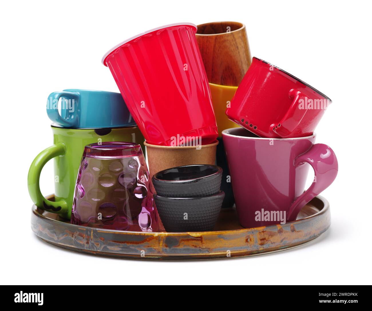 Colorful cups on white background Stock Photo - Alamy