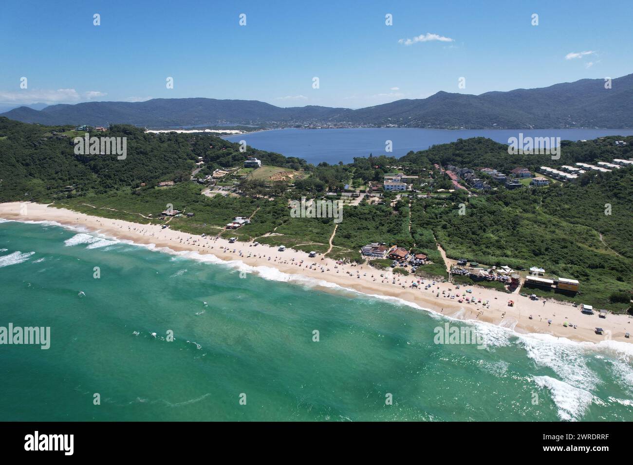 Mole beach aerial view, Florianopolis island, Santa Catarina. Conceicao ...