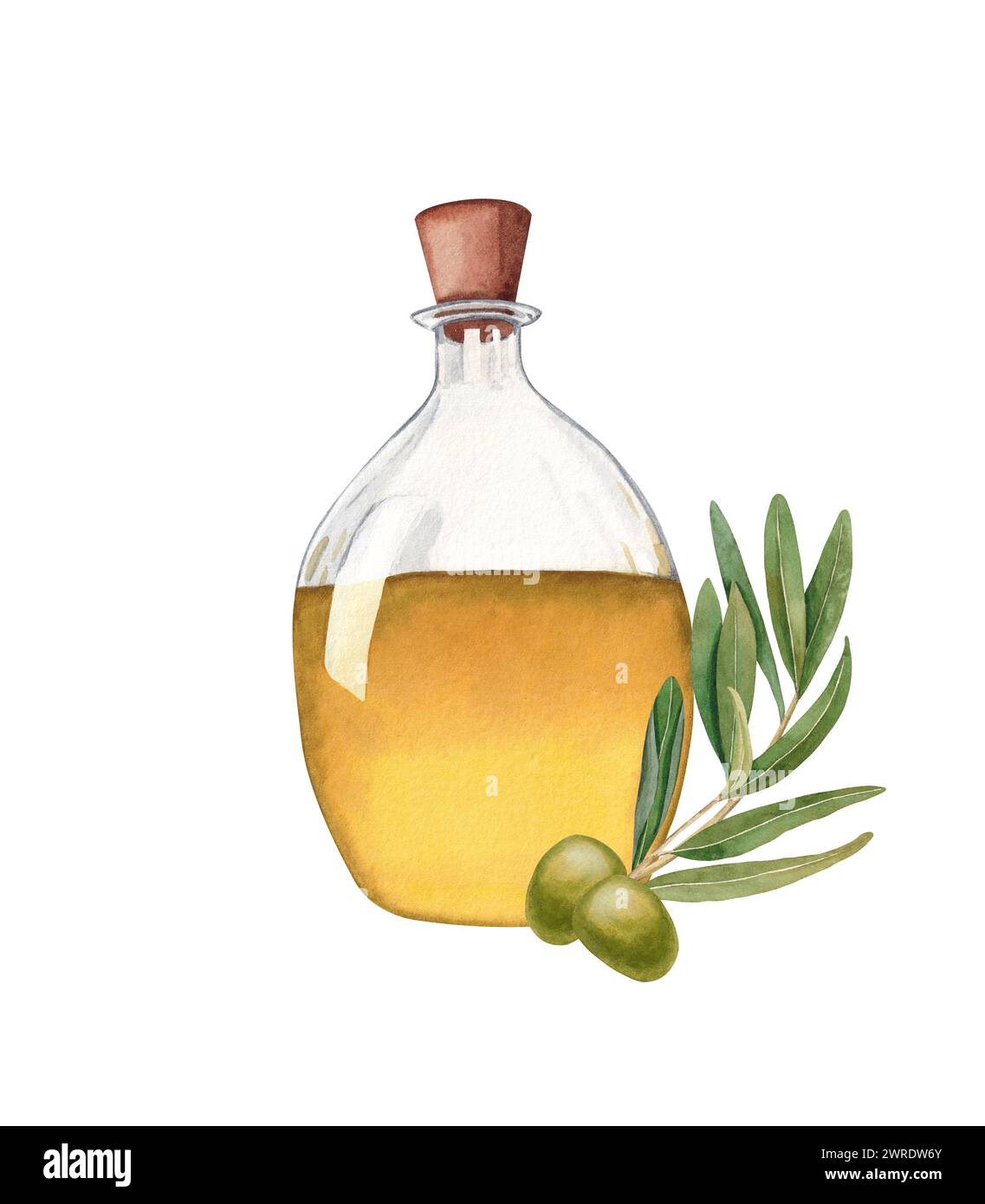 Olive oil in the glass bottle and olive branches with olives and leaves ...