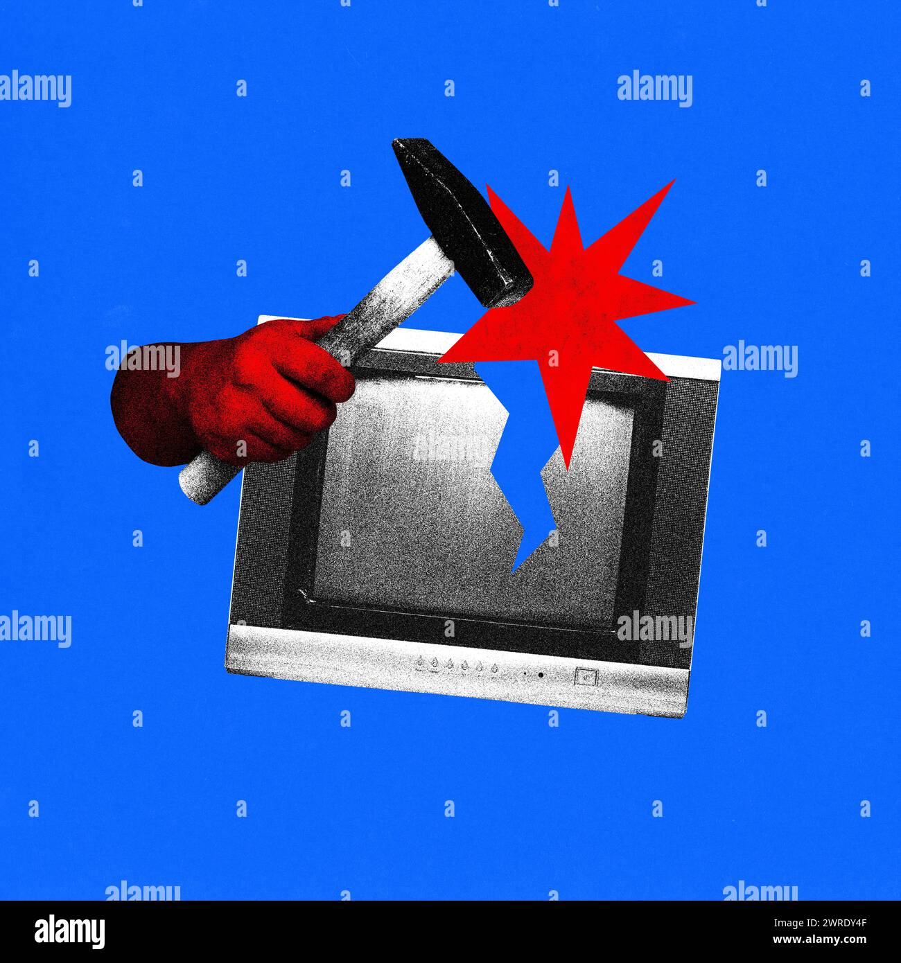 Poster. Contemporary art collage. Hand with hammer smashes vintage TV against blue background. Vibrant abstract design. Stock Photo