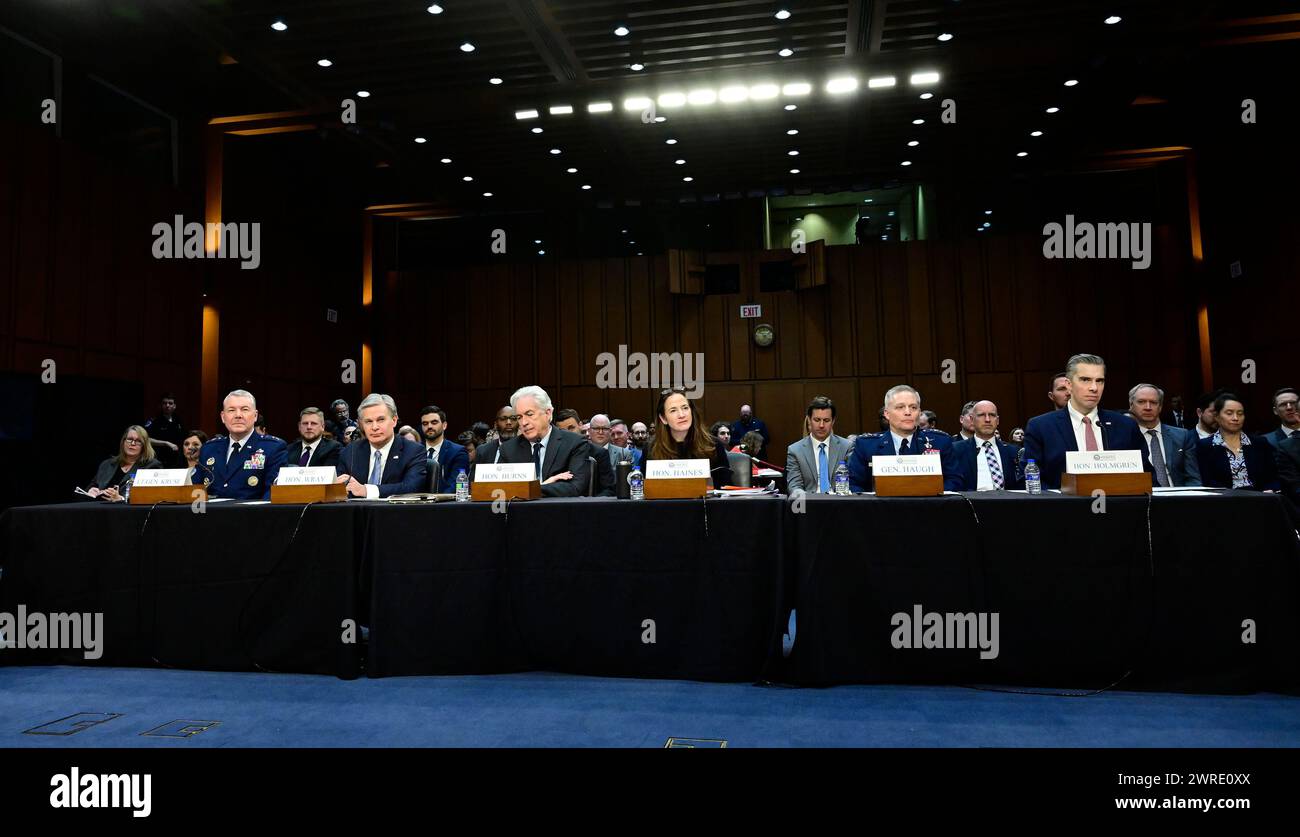 From left to right: Lieutenant General Jeffrey A Kruse, Director, Defense Intelligence Agency (DIA); Christopher A Wray, Director of the Federal Bureau of Investigation (FBI); William J Burns, Director, Central Intelligence Agency (CIA); Avril Haines, Director of National Intelligence (DNI); General Timothy D Haugh, Director, National Security Agency (NSA); and Brett M Holmgren, Assistant Secretary of State for Intelligence and Research; testify during the US Senate Select Committee on Intelligence hearing to examine worldwide threats in the Hart Senate Office Building on Capitol Hill in Washi Stock Photo