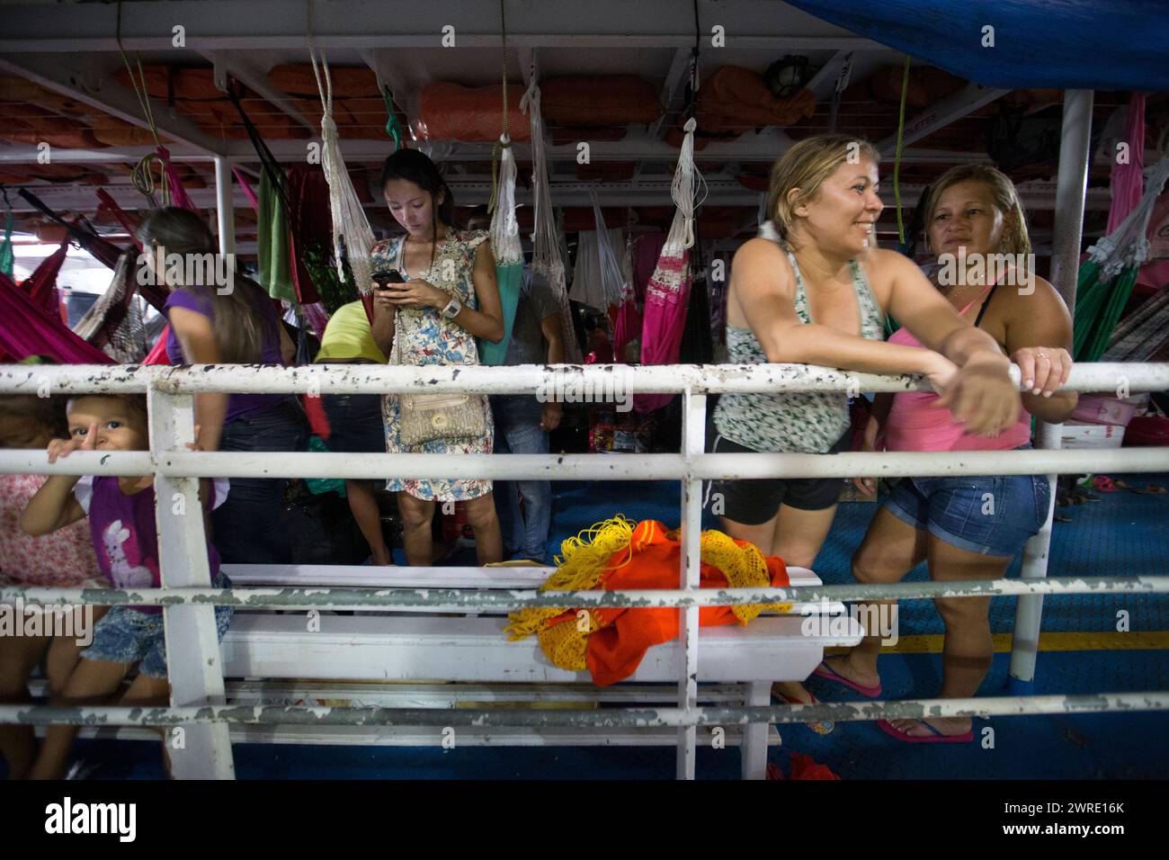 08/10/15  Passengers on board a ferry boat near Santarém on the Amazon, Brazil. Stock Photo