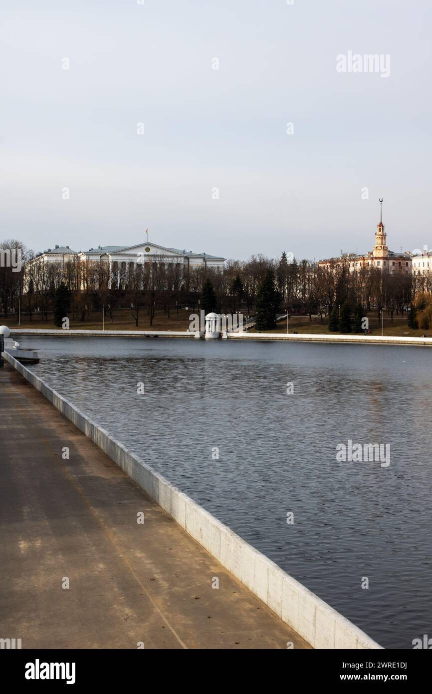 Belarus, Minsk - 24 march, 2023: Houses on the banks of the river autumn Stock Photo