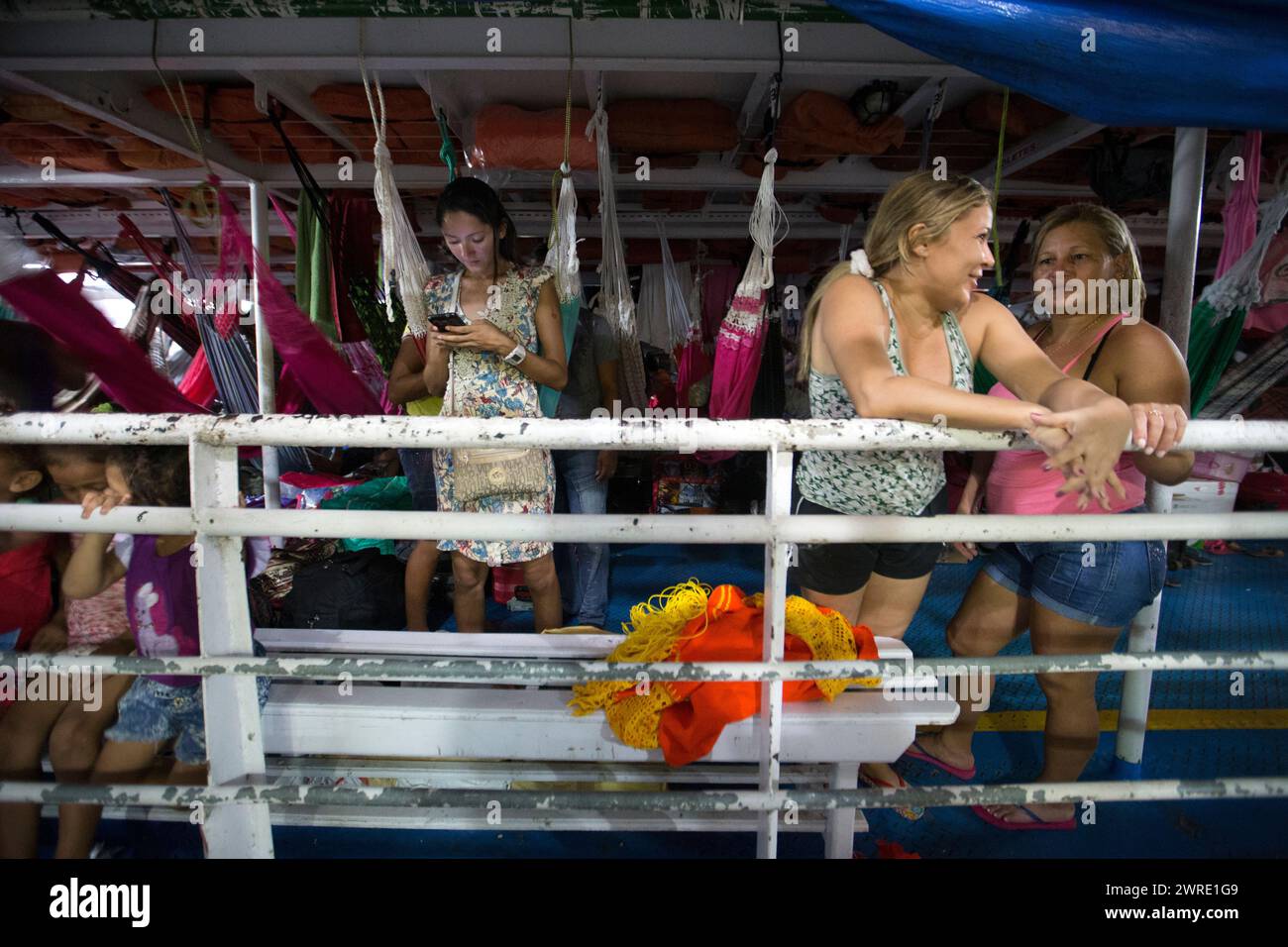 08/10/15  Passengers on board a ferry boat near Santarém on the Amazon, Brazil. Stock Photo
